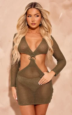 Khaki Crochet Gold Trim Cut Out Beach Dress