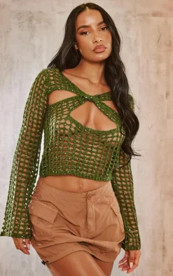 Khaki Crochet Knitted Sequin Long Sleeve Top