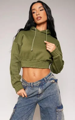 Khaki Cropped Elasticated Hem Hoodie