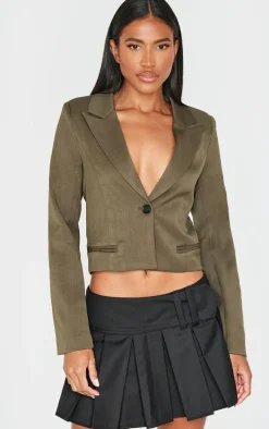 Khaki Cropped Patch Pocket Detail Boxy Blazer