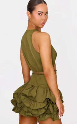Khaki Cut Out Belted Frill Hem Mini Dress