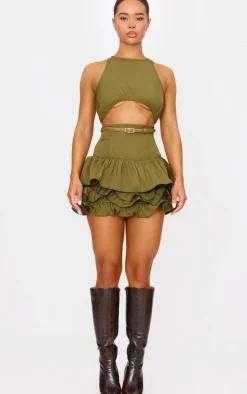 Khaki Cut Out Belted Frill Hem Mini Dress