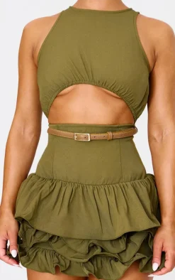 Khaki Cut Out Belted Frill Hem Mini Dress