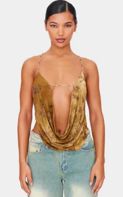 Khaki Devore Cowl Neck Beaded Detail Top