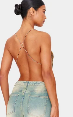 Khaki Devore Cowl Neck Beaded Detail Top