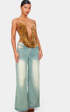 Khaki Devore Cowl Neck Beaded Detail Top