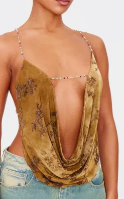 Khaki Devore Cowl Neck Beaded Detail Top