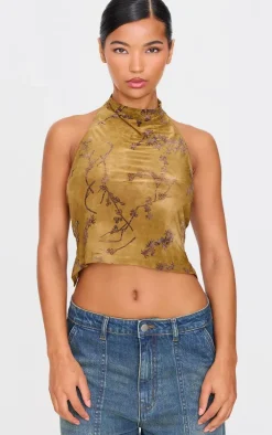 Khaki Devore High Neck Back Detail Long Top