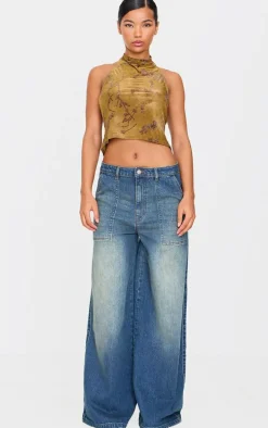 Khaki Devore High Neck Back Detail Long Top