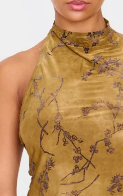 Khaki Devore High Neck Back Detail Long Top