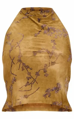 Khaki Devore High Neck Back Detail Long Top