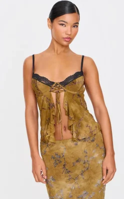 Khaki Devore Lace Trim Strappy Long Top