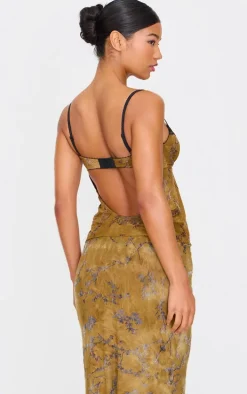 Khaki Devore Lace Trim Strappy Long Top