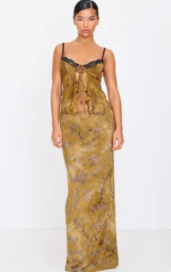 Khaki Devore Lace Trim Strappy Long Top