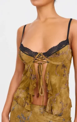 Khaki Devore Lace Trim Strappy Long Top