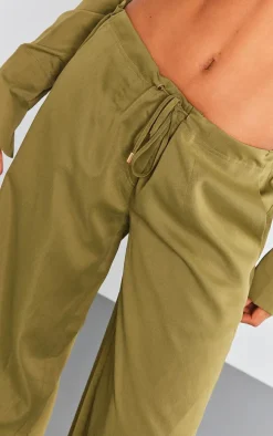 Khaki Drawstring Oversized Straight Leg Pants