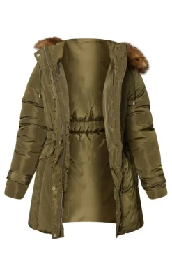 Khaki Faux Fur Hooded Elasticated Waist Longline Parka