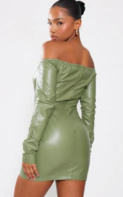 Khaki Faux Leather Bardot Long Sleeve Shift Dress