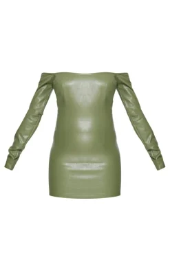 Khaki Faux Leather Bardot Long Sleeve Shift Dress