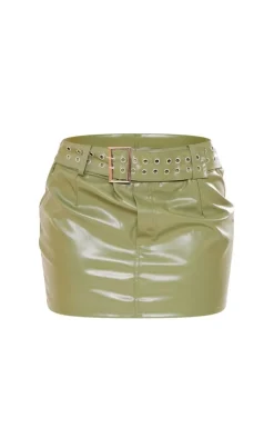 Khaki Faux Leather Belt Detail Mini Skirt