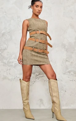 Khaki Faux Leather Belted Bodycon Dress