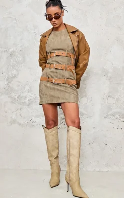 Khaki Faux Leather Belted Bodycon Dress