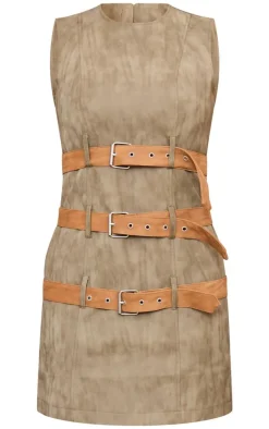 Khaki Faux Leather Belted Bodycon Dress