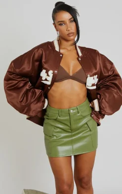 Khaki Faux Leather Cargo Micro Mini Skirt