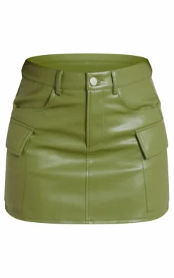Khaki Faux Leather Cargo Micro Mini Skirt