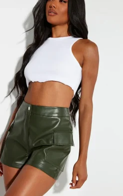 Khaki Faux Leather Mini Shorts