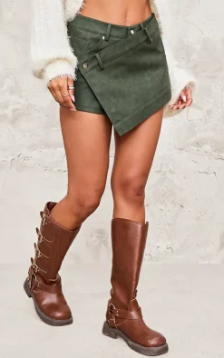 Khaki Faux Leather Wrap Detail Skort