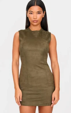 Khaki Faux Suede Bodycon Dress