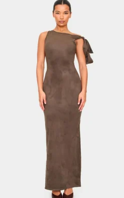 Khaki Faux Suede Knot Drape Maxi Dress