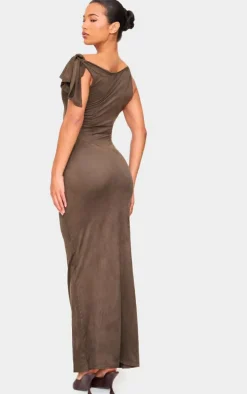 Khaki Faux Suede Knot Drape Maxi Dress