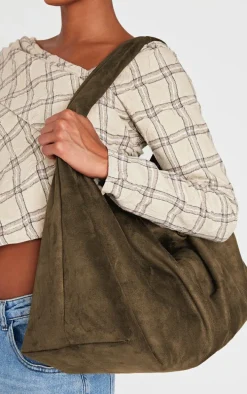 Khaki Faux Suede Oversized Slouchy Tote Bag