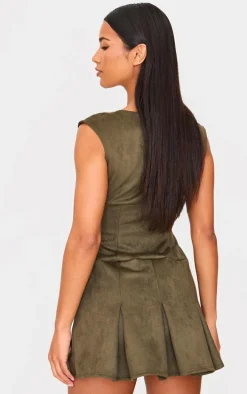 Khaki Faux Suede Pleated Pocket Detail Shift Dress