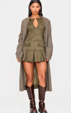 Khaki Faux Suede Pleated Pocket Detail Shift Dress