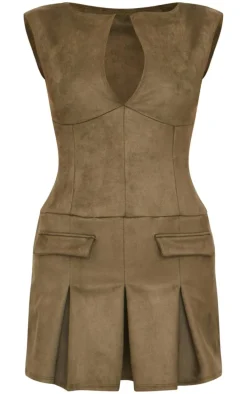 Khaki Faux Suede Pleated Pocket Detail Shift Dress