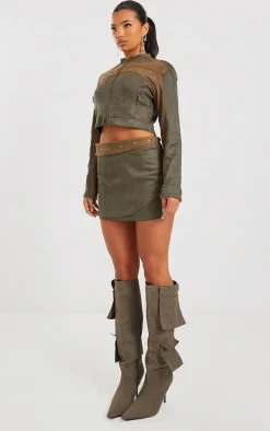 Khaki Faux Suede Wrap Micro Mini Skirt