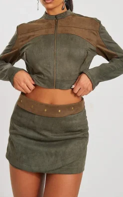 Khaki Faux Suede Wrap Micro Mini Skirt
