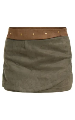 Khaki Faux Suede Wrap Micro Mini Skirt