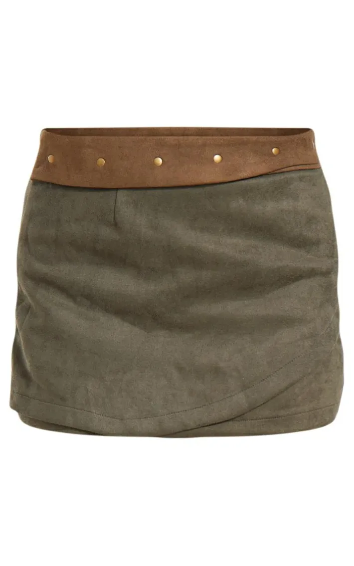 Khaki Faux Suede Wrap Micro Mini Skirt