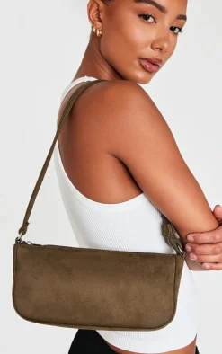 Khaki Faux Suede Zip Shoulder Bag