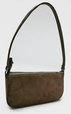 Khaki Faux Suede Zip Shoulder Bag