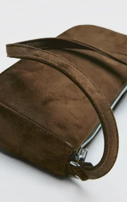 Khaki Faux Suede Zip Shoulder Bag