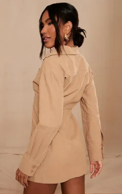 Khaki Fitted Premium Linen Look Shirt Dress