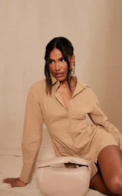 Khaki Fitted Premium Linen Look Shirt Dress