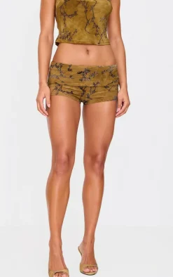 Khaki Floral Print Devore Low Rise Hot Pants