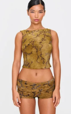 Khaki Floral Print Devore Low Rise Hot Pants