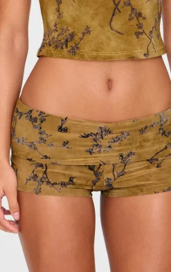 Khaki Floral Print Devore Low Rise Hot Pants